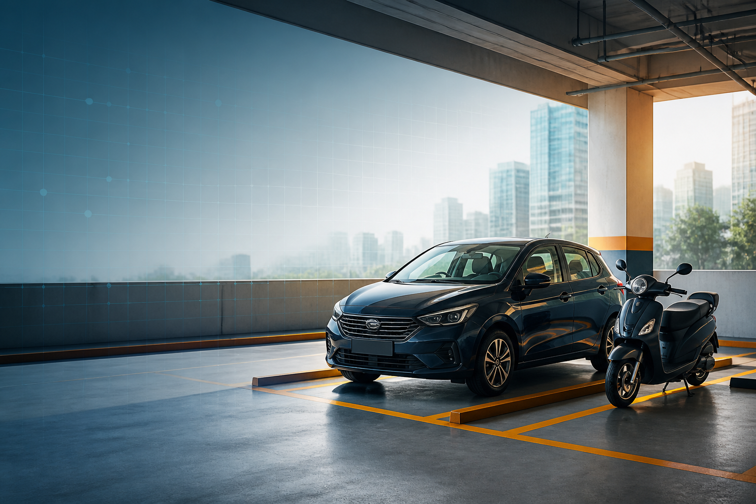 Car and scooter in a managed parking facility